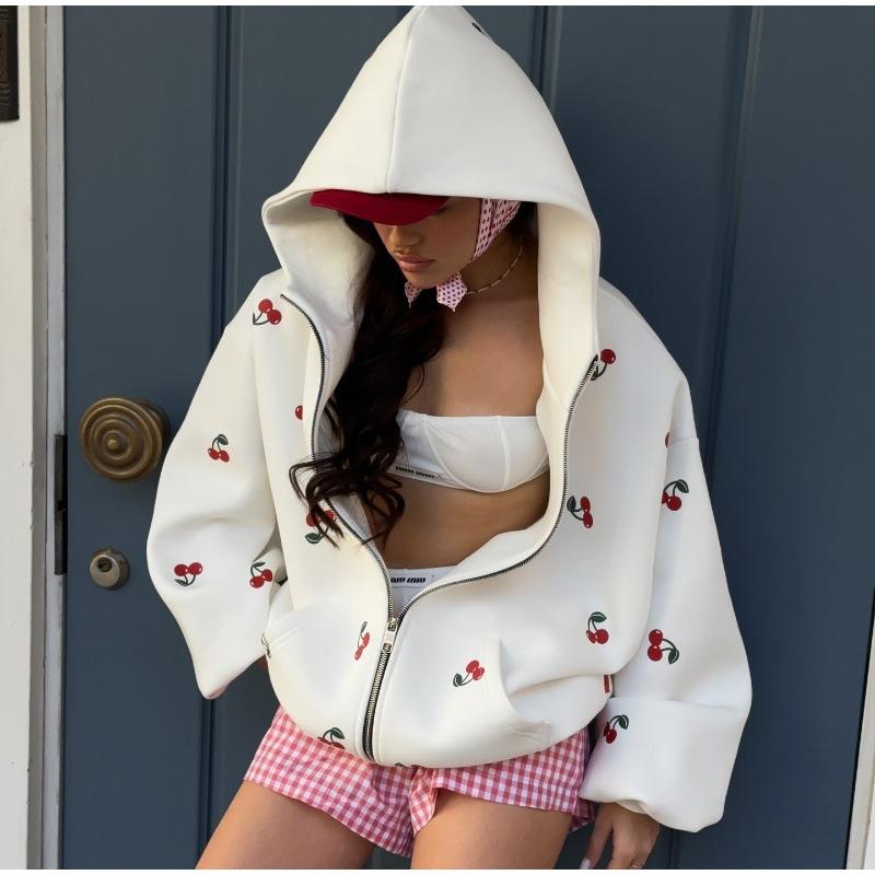 Women's Fashion Cherry Print White Hoodie Sweatshirt 2026 Spring Women's Long Sleeve Loose Streetwear Zip Up Hooded SweatShirt