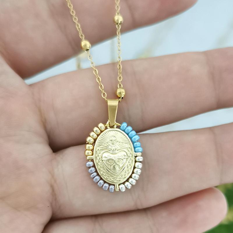 QMHJE Virgin Mary Pendant Charm Necklace Women Cross Scared Heart Jesus Choker Seed Beads Stainless Steel Chain Gold Color Mom