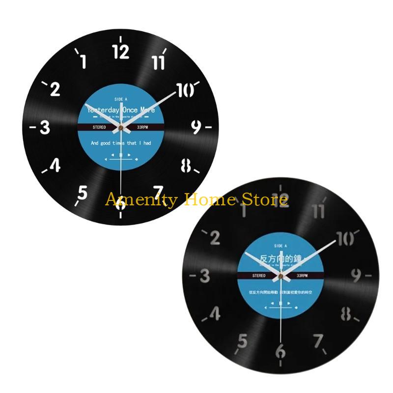 F26C Unique Vinyls Record Backwards Reverse Wall Clock 12Inch Counterclockwise Decorative Clock for Home and Office Decors