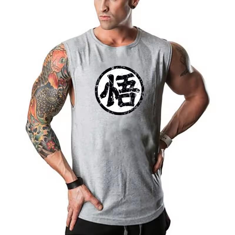 Japanese Anime Wu Font Funny Print Fitness Tank Tops Mens Cotton Bodybuilding Stringer Vest Gym Clothing Sports Sleeveless Shirt