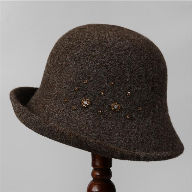 Autumn and Winter New Style Hat Handmade Rhinestone Decoration Wool Warm Fisherman Hat Elegant Curled Brim Bucket Hat for Women