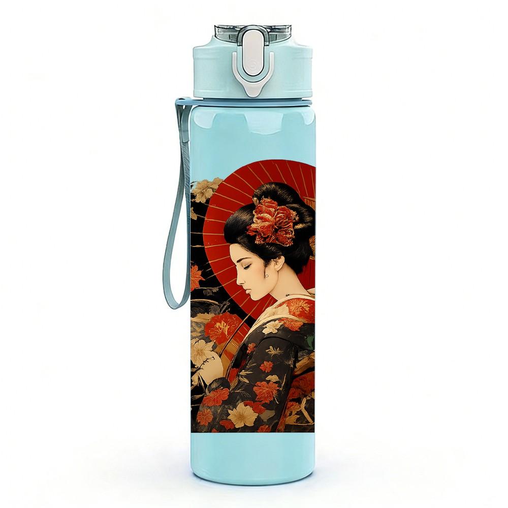 1PC Vintage East Asian Lady Art Print 750ml Color Plastic Sports Water Bottle Leakproof Flip Straw Lid Suitable for Sports Office Home Use