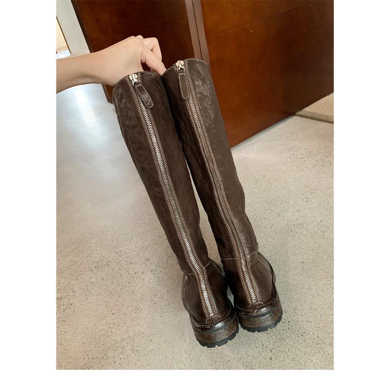 

Studiolee retro washed horsehide tall tube slim mid-length boots thick heel thick-soled knight boots women 34