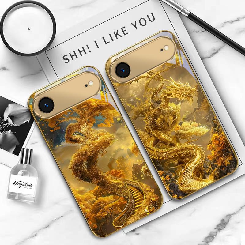 Mythical Golden Dragon For IPhone 17Pro Max 16 17 Pro 15 Pro 14 13 Plus 12 Mini 11Pro Max XR 16E 17Air Golden Glass Phone Case