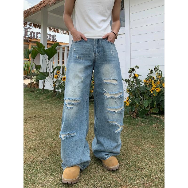 Unisex Distressed Washed Denim Jeans Loose Wide Leg Straight Cut Streetwear Pants Teens Adults
