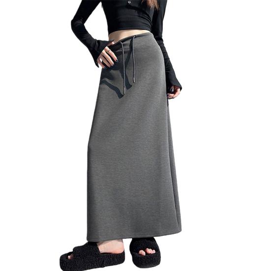 Women Sport Skirt High Waisted Adjustable Drawstring Long Skirt with Hem Slit Pure Color Slimming Design Casual Athletic Skirt