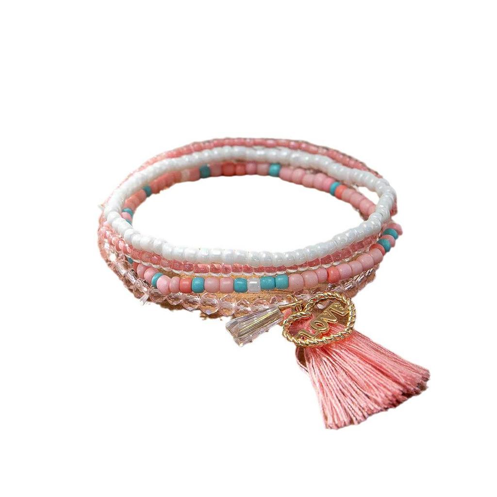 Bohemian Multi-layer Pink Tassel Love Bead Bracelet for Women