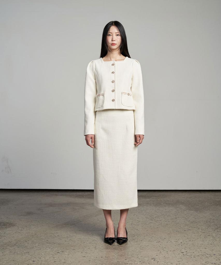 320SHOWROOM Tweed H-Line Back Slit Skirt Cream