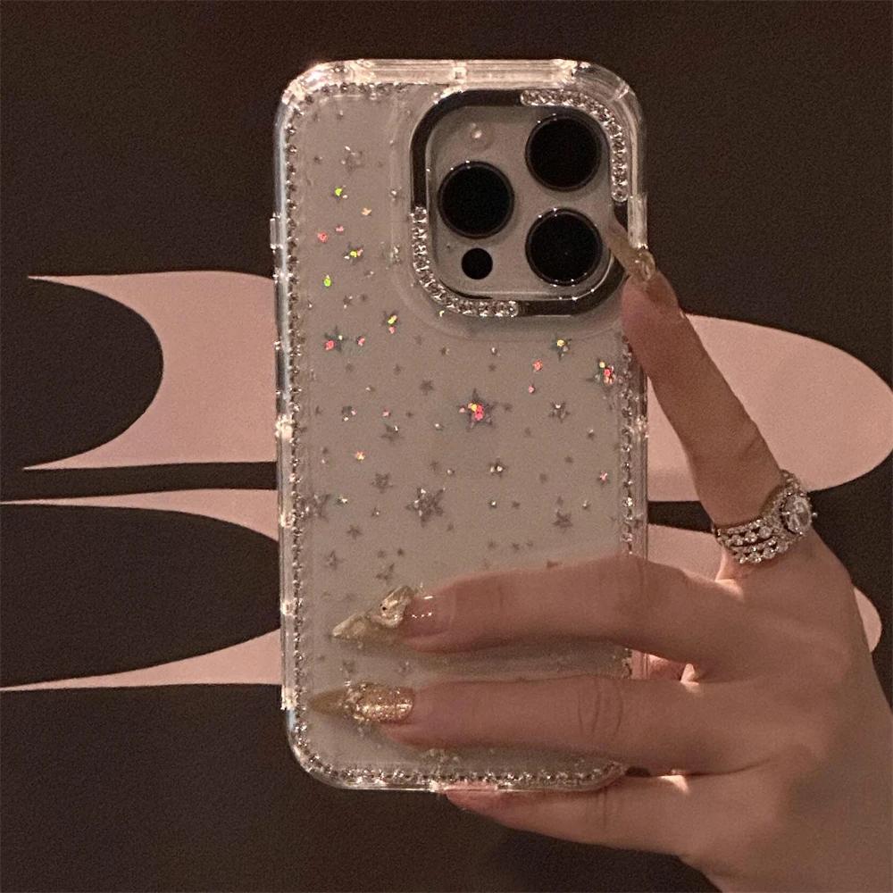 Shiny Glitter Star Rhinestone Shell Pattern Phone Case For iPhone 17 Air 16 15 14 13 12 11 Pro Max 14 Plus Soft Shockproof Cover