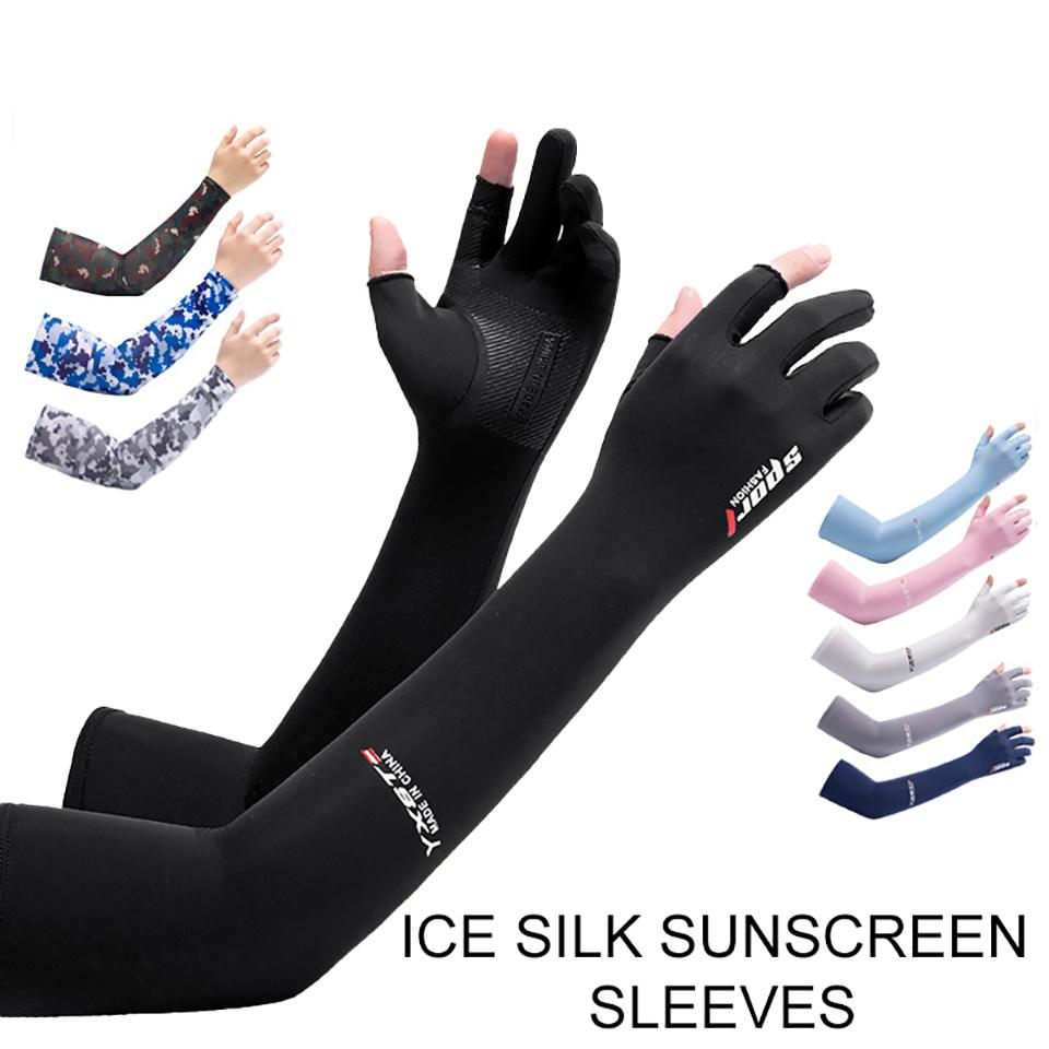 1Pair Summer Sunscreen Ice Sleeve Breathable Ice Silk Extended Two Finger Gloves Arm Sleeves for Sports Riding Driving