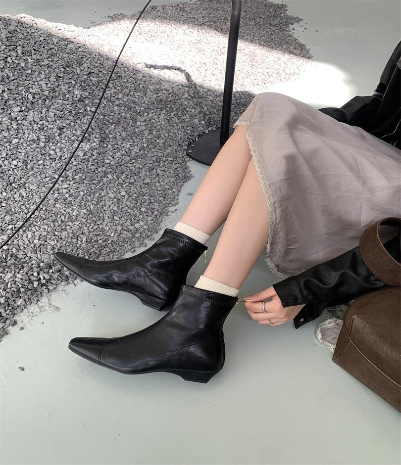 Retro 2025 Splicing Pointed Short Boots Women's Shoes Autumn and Winter New Soft Leather Kitten and Elastic Thin Boots