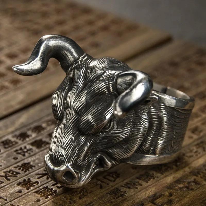 Adjustable Ox Head Ring In Antique Finish Retro Style Unisex Statement Jewelry Men Women