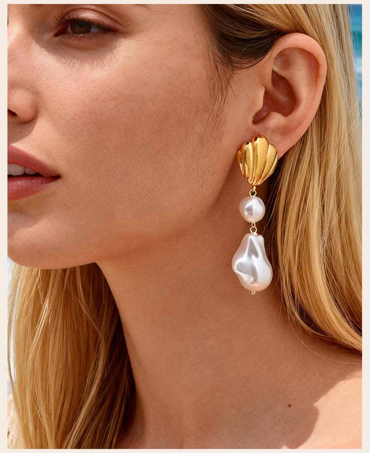 Baroque Pearl Dangle Earrings, French Vintage Statement Drop Earrings Stainless Steel for Women Wedding Party Jewelry