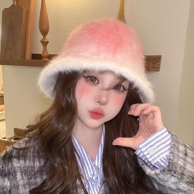 

Осенне-зимняя градиентная панама из кроличьего меха для женщин, корейский стиль, плюшевая, маленькая шляпа-ведро M（56-58cm）