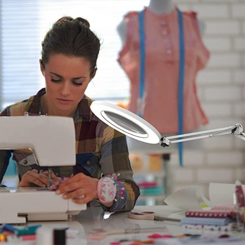 LED Magnifying Lamp Metal Swing Arm Magnifier Lamp - Stepless Dimming 3 Color Modes 5X Magnification Adjustable