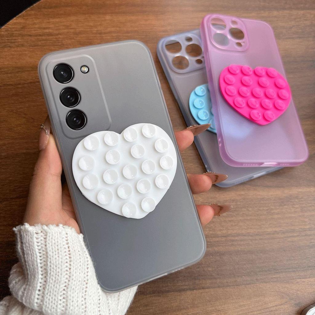 Heart Shape Suction Cup Phone Case for Samsung Galaxy S23+,S23 Semi Transparent Matte Shockproof Soft TPU Cover