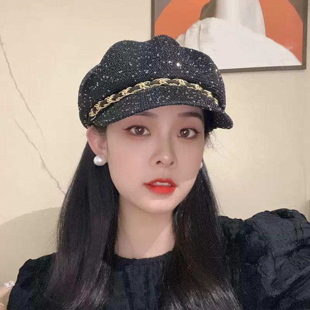 Leather Buckle Hollow Octagonal Hat Sun Protection Peaked Cap Breathable Hat  Spring Summer