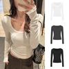 Women's U-Neck Long Sleeve T-shirt Slim Fit Fleece Lined Basic Undershirt Casual Top