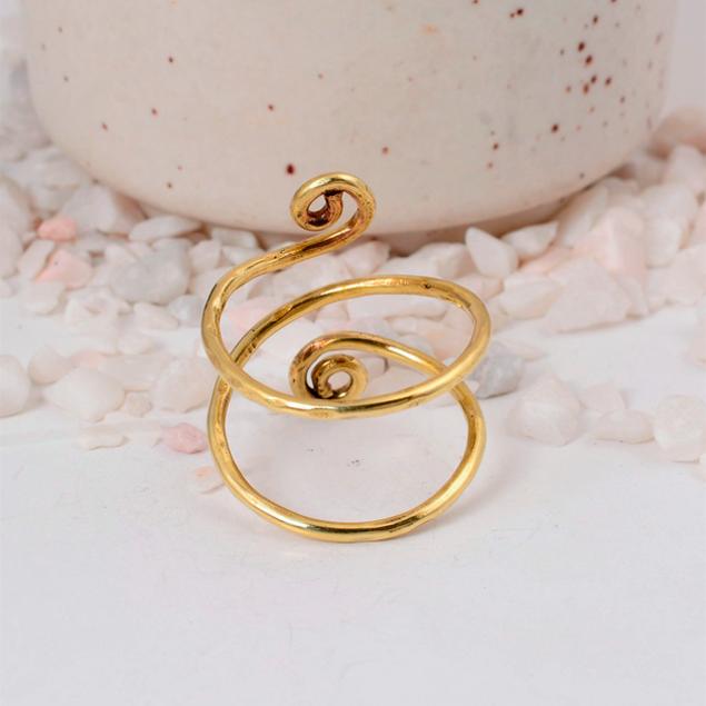 Bohemian Gold Spiral Coil Ring: Wide adjustable wire wrap ring with opposing scroll ends, perfect for a statement or toe ring.