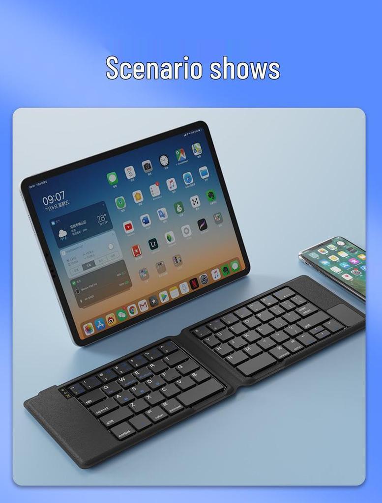 Dual-Fold Mini Bluetooth Keyboard with Touch Numeric Keys - Multi-System Compatible.