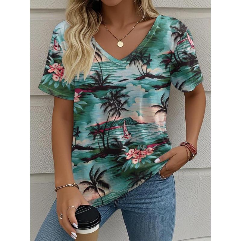 Women's T-Shirt Coconut Tree Pattern 3d Printing Fashion Casual V-Neck Short-Sleeved Beach Style Outdoor Women's Clothing