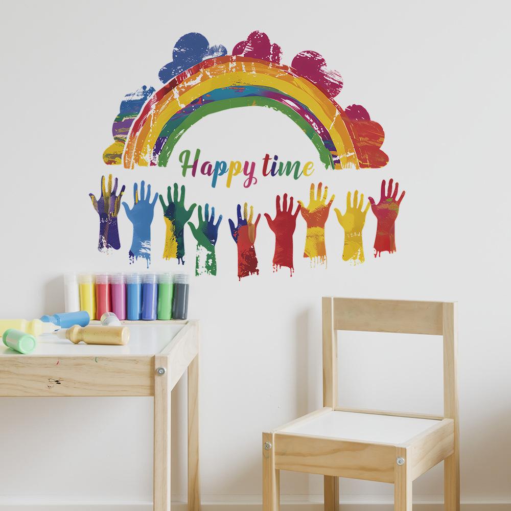 Graffiti Handprint Rainbow Happy Time Wall Sticker Self-Adhesive for Kids Room Kindergarten Wall Decoration