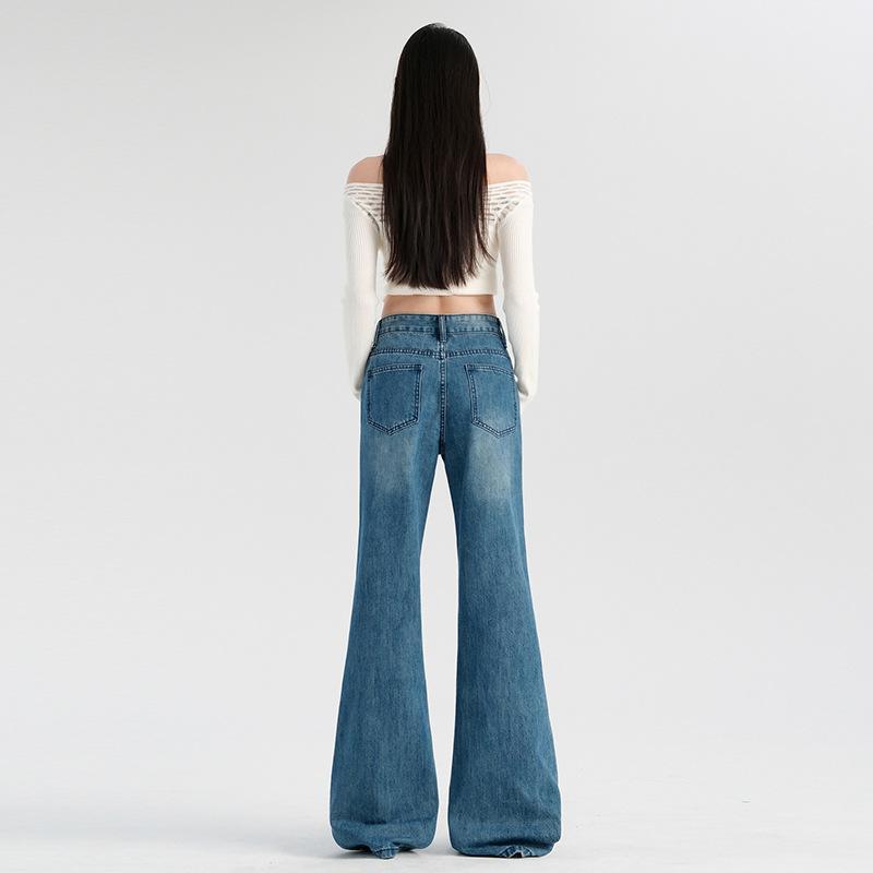 Retro Mid-waisted Jeans for Women with Spring and No Legs Bell-bottomed Pants for Women with Slim and Loose