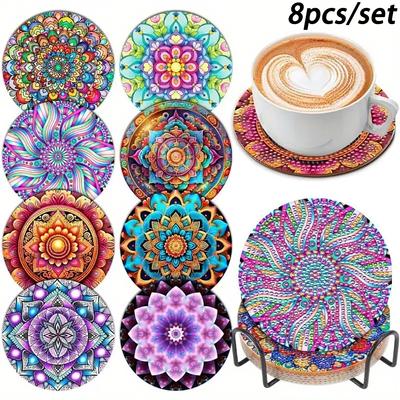 8 Pieces/set of Diamond Painted Mandala Flower Patterned Coasters Set with Holder DIY Coasters for Beginners and Adults, Art and Craft Supplies Gifts