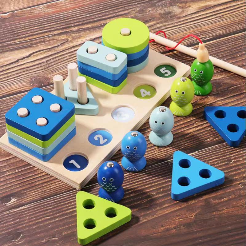 Wooden Geometric Column Set Children'S Montessori Early Education Cognitive Building Block Pairing Smart Five-Pillar Toy