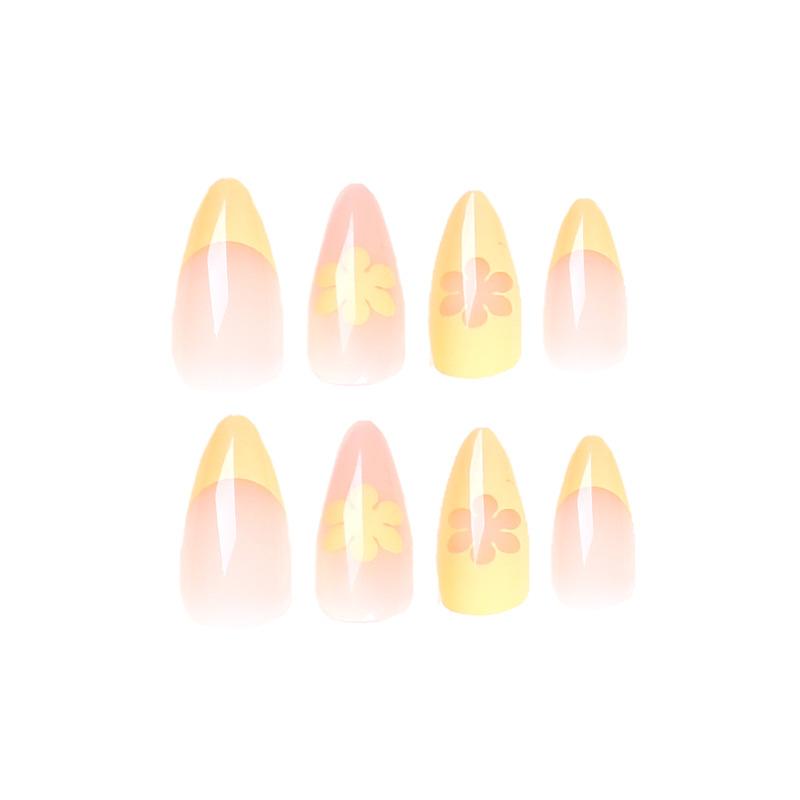 Uñas postizas, manicura francesa, manicura con flor de ganso amarilla, parche, uñas postizas