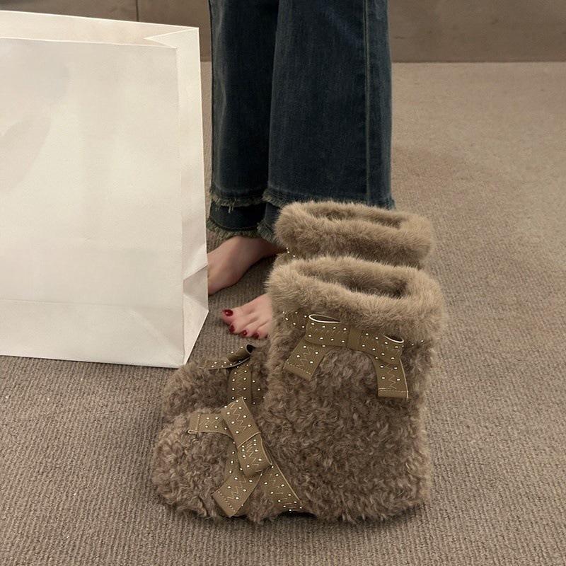 Fluffy shoes snow boots winter velvet snow cotton shoes thermal cotton boots bow short boots 35