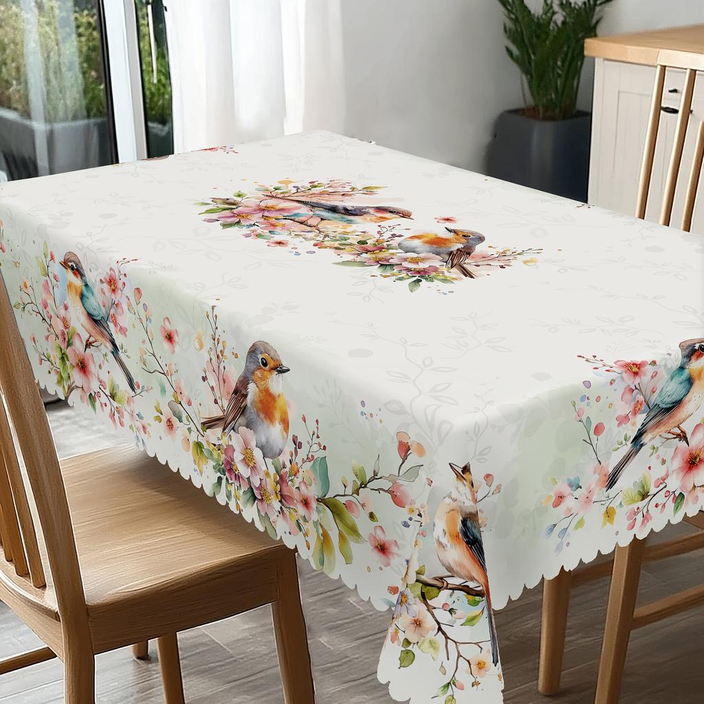 Spring Floral Bird Rectangle Tablecloth for Table Decor Summer Watercolor Flowers Kitchen Dining Table Cloth Wedding Decorations