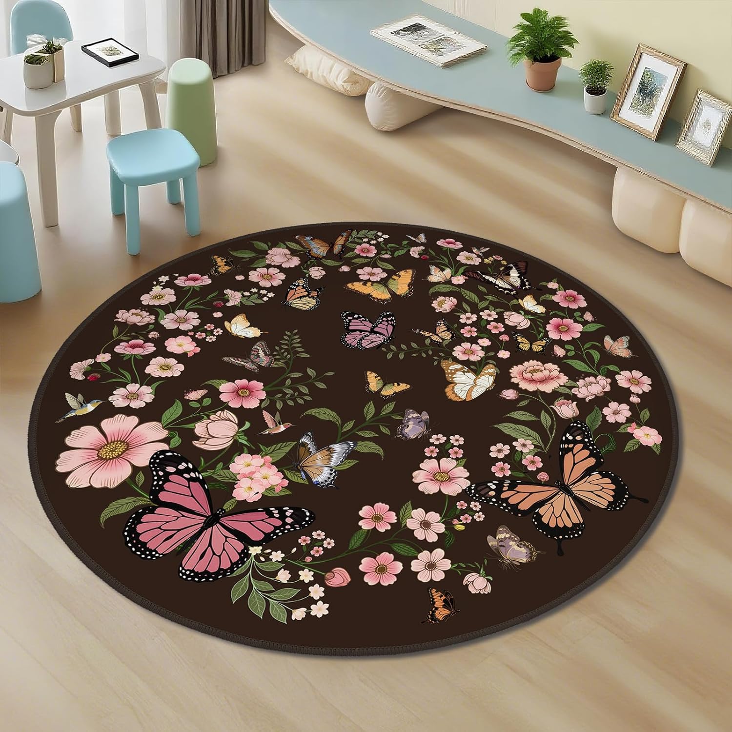 Circular Carpet Butterfly Print  Anti Slip Carpet  Home Decoration  Butterfly and Pink Flower Decoration  Circular Area Carpet 40x40cm
