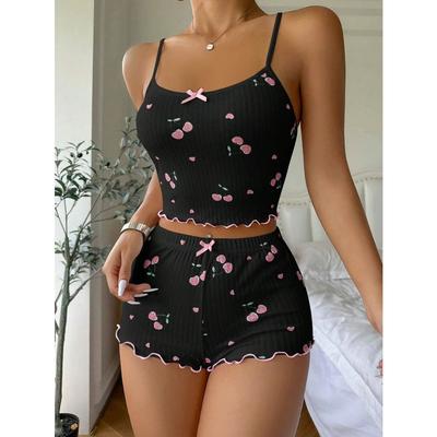Damen Herzmuster Sexy Geripptes Pyjama-Set mit Schleifendetail, Rundhals Rückenfrei Bequemes Crop Cami Top & Shorts, Sommer Nachtwäsche
