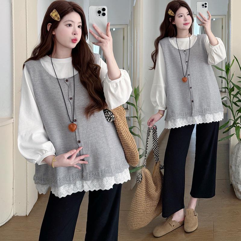 2026 Spring Maternity Set: Casual Cotton Long Sleeve & Lace Knit Vest XL