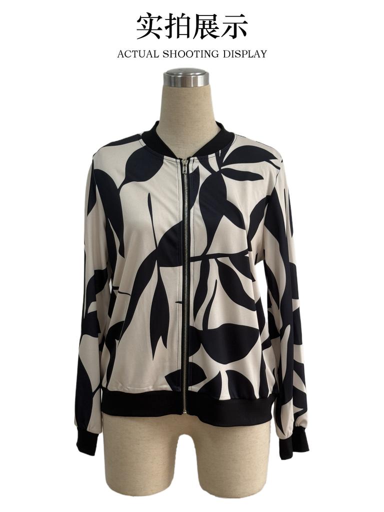 Womens Ladies Retro Floral Zipper Up Jacket Casual Coat Outwear