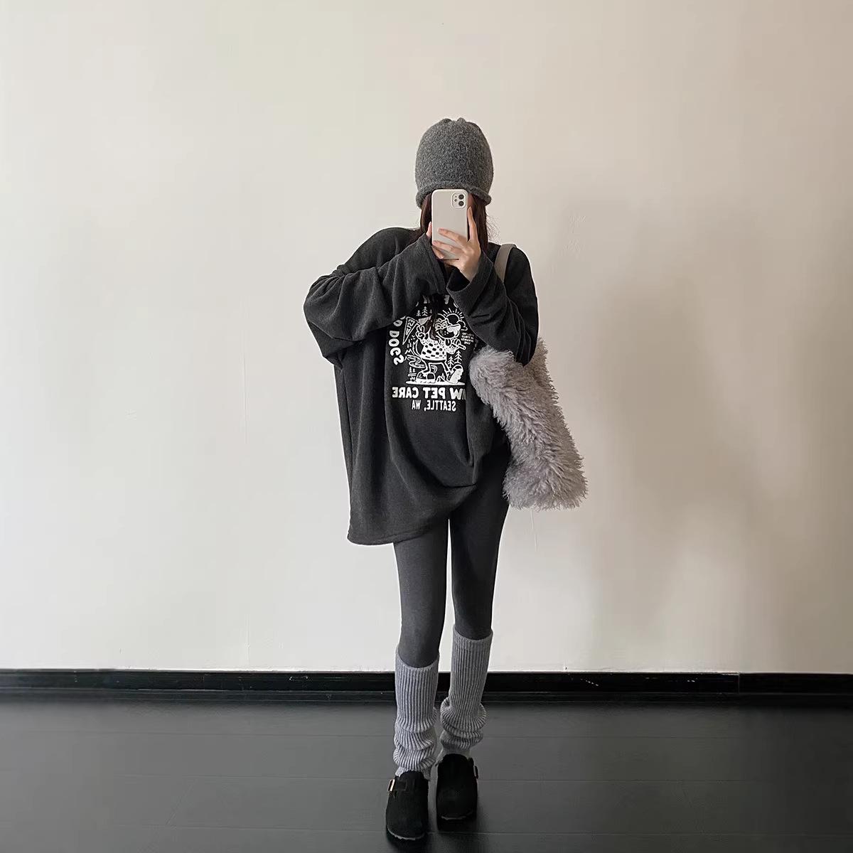 Korean Style Women s Winter Thick Velvet Printed Long Sleeve Casual T-shirt, 2026 Fashion Medium серый