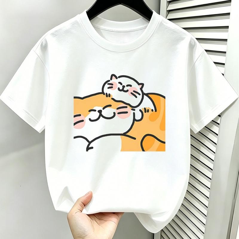 Kids Cute Cat Print Crewneck Short Sleeve Tee,Girls Cute CatPrint Crewneck Short Sleeve Tee 110 белый