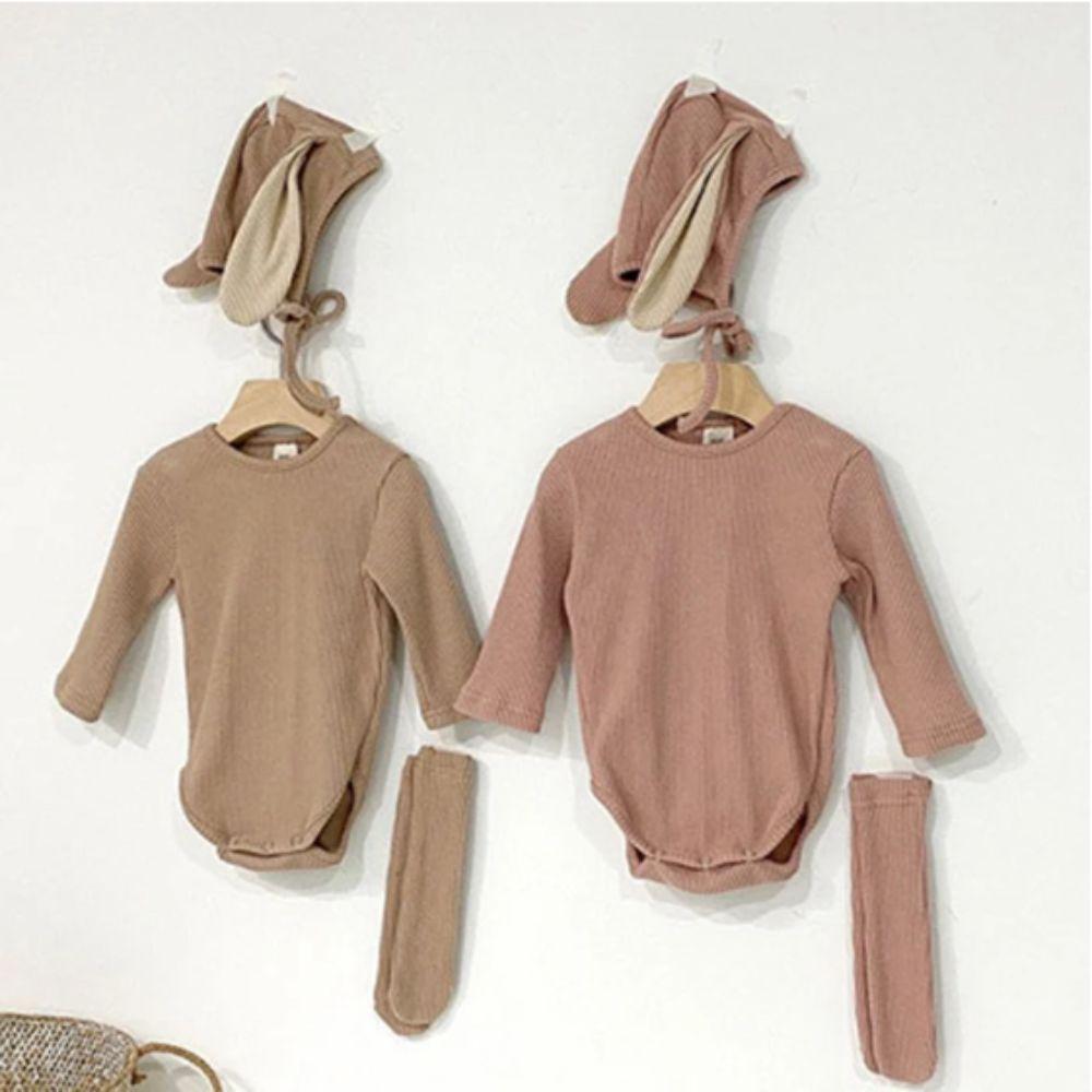 Ribbed Texture Bunny Costume Cotton Solid Baby Bodysuit Rabbit Romper Sets  Infant Girls