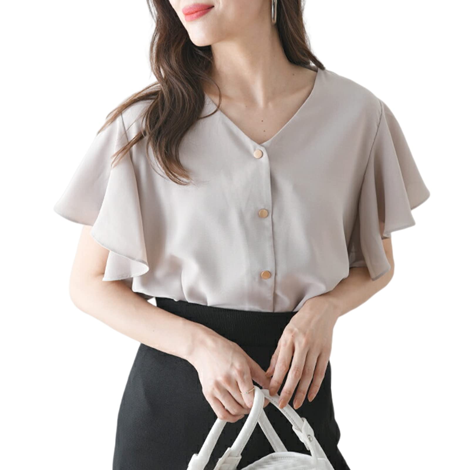 

Мем Экстра Блузка с коротким рукавом-фонариком и летняя большая свободная спереди M [MEME XTRA] Женщины, Рукав, Лето, Весна, V-образный вырез, Футболка, Волан,