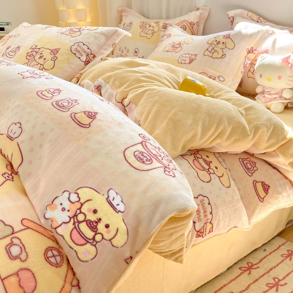 Verdicktes Milchfleece Vierteiliges Set Mädchenherz Korallenfleece Bettlaken Bettbezug Bettwäsche Fleece Bettbezug