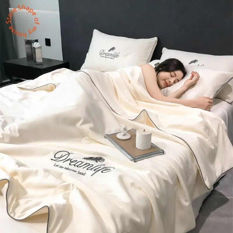 Ice Silk Summer Cool Quilt Embroidered Air Conditioning Quilt Washable Double Naked Sleeping Blanket Queen Size No Pillowcase