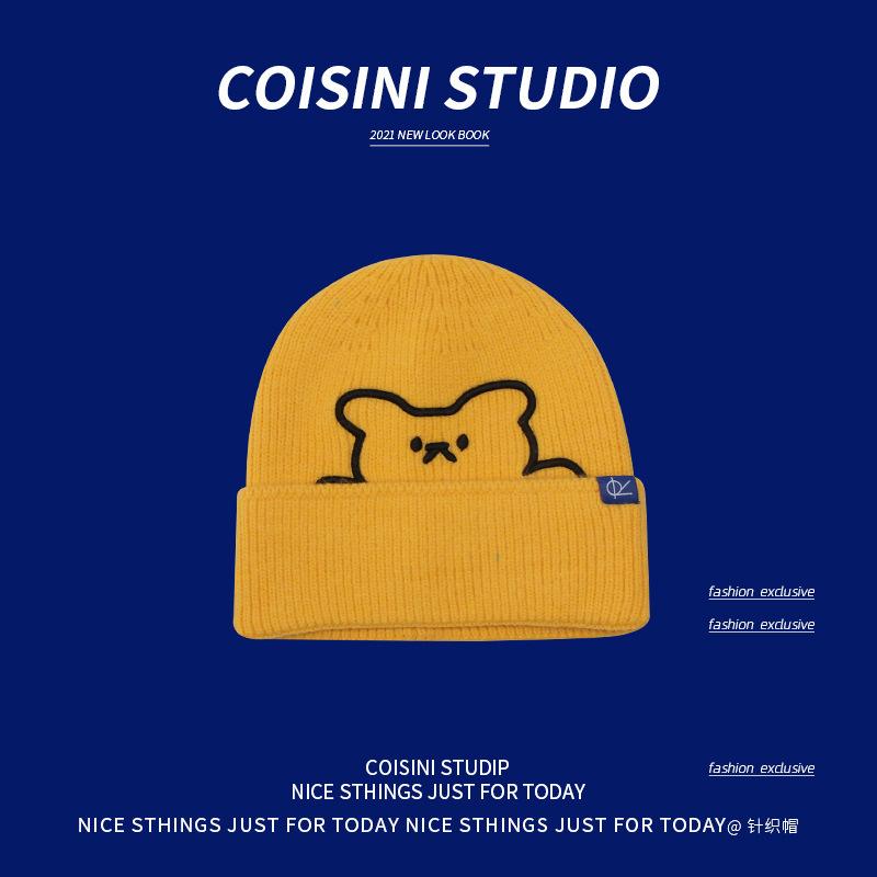 New cute bear embroidered wool hat women's autumn and winter warm ear protection cloth label knitted hat men's versatile women