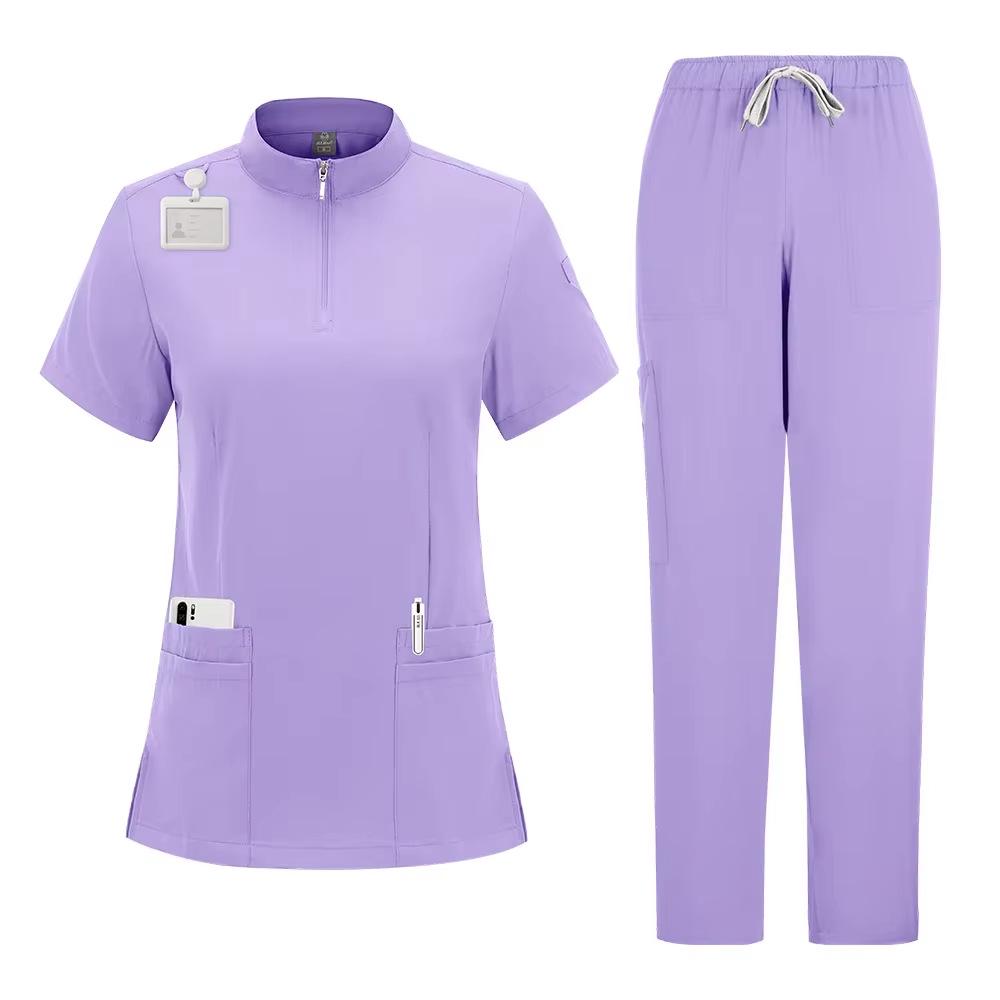 Solid Color Surgical Scrub Set: Stand-up Collar, Zipper Top, Straight Leg Pants