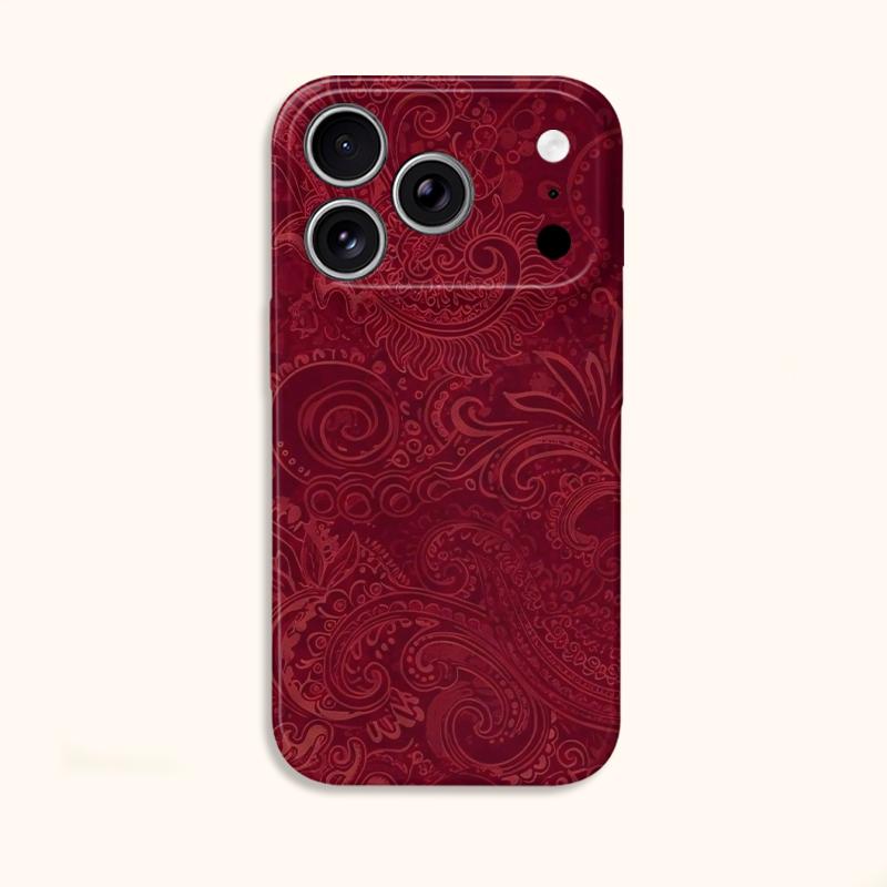 Luxurious Red Paisley Intricate Swirl Pattern Art Graphic Film Aesthetic Protective Shockproof Bumper Phone Case Cover For iPhone 14 15 16 ProMax Plus