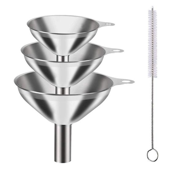 3 Sizes Stainless Steel Kitchen Funnels Set with Ergonomic Handle Clamp Ring Dishwasher