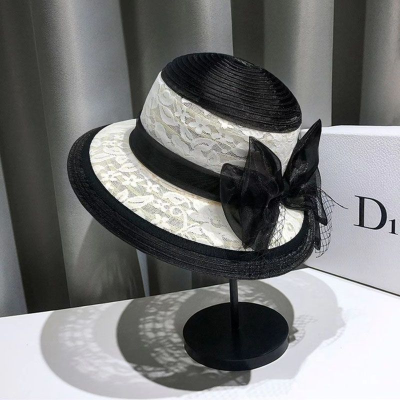 Summer Fashion Lace Mesh Fisherman Hat, Hepburn Style Colorful Retro Bowler Hat Elegant Bow Sun Hat