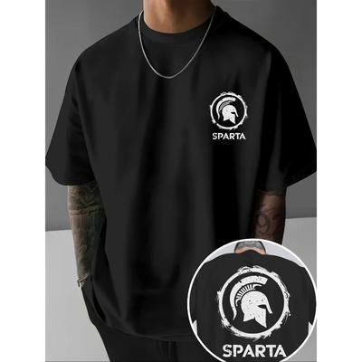Men's Spartan Greek Warrior T-Shirt Spartan Helmet & SPARTA Logo Print - Black/White Greek Key Pattern Casual & History Themed Apparel for Gym