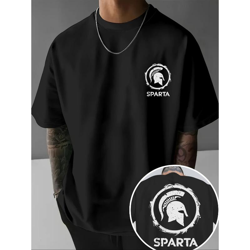 Herren Spartaner Griechischer Krieger T-Shirt Spartanerhelm & SPARTA Logo Print - Schwarz/Weiß Griechisches Schlüsselmuster Freizeit & Geschichts-Themenbekleidung für das Fitnessstudio