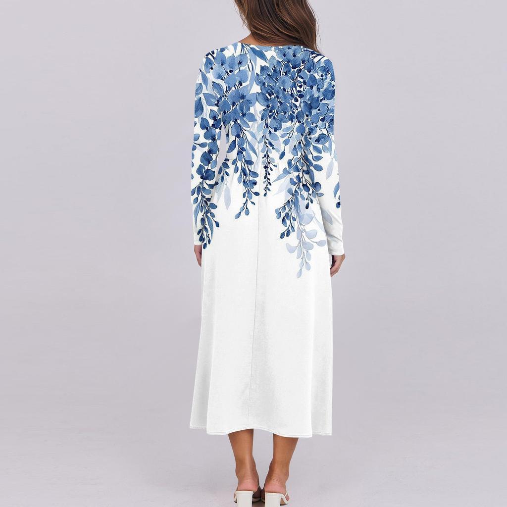 Women's Casual Fashion Long Sleeve Graphic Printed Vintage Long Dresses Fall